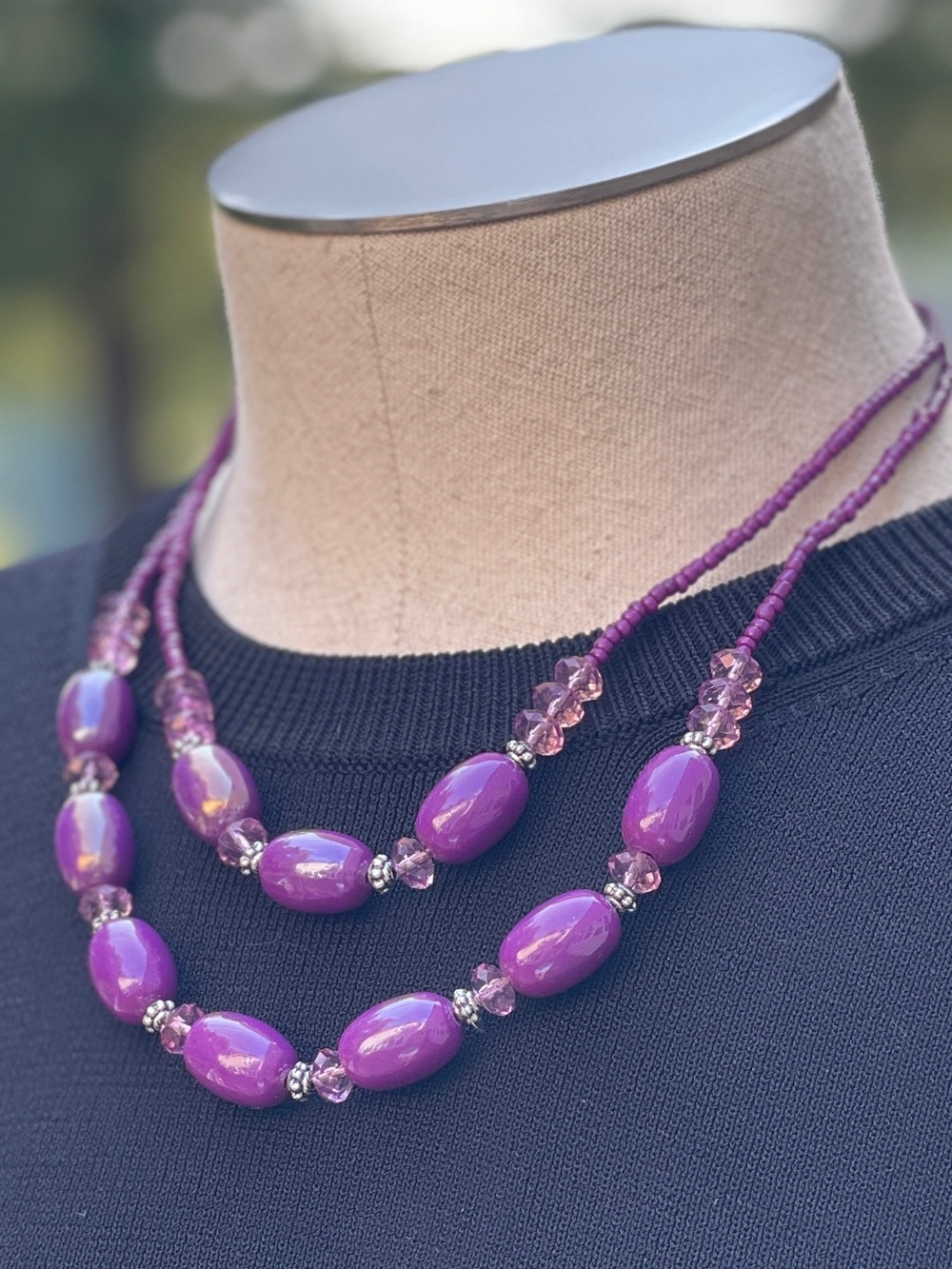 Purple Bead Double-Strand Necklace with Matching Drop Earring NOS!
